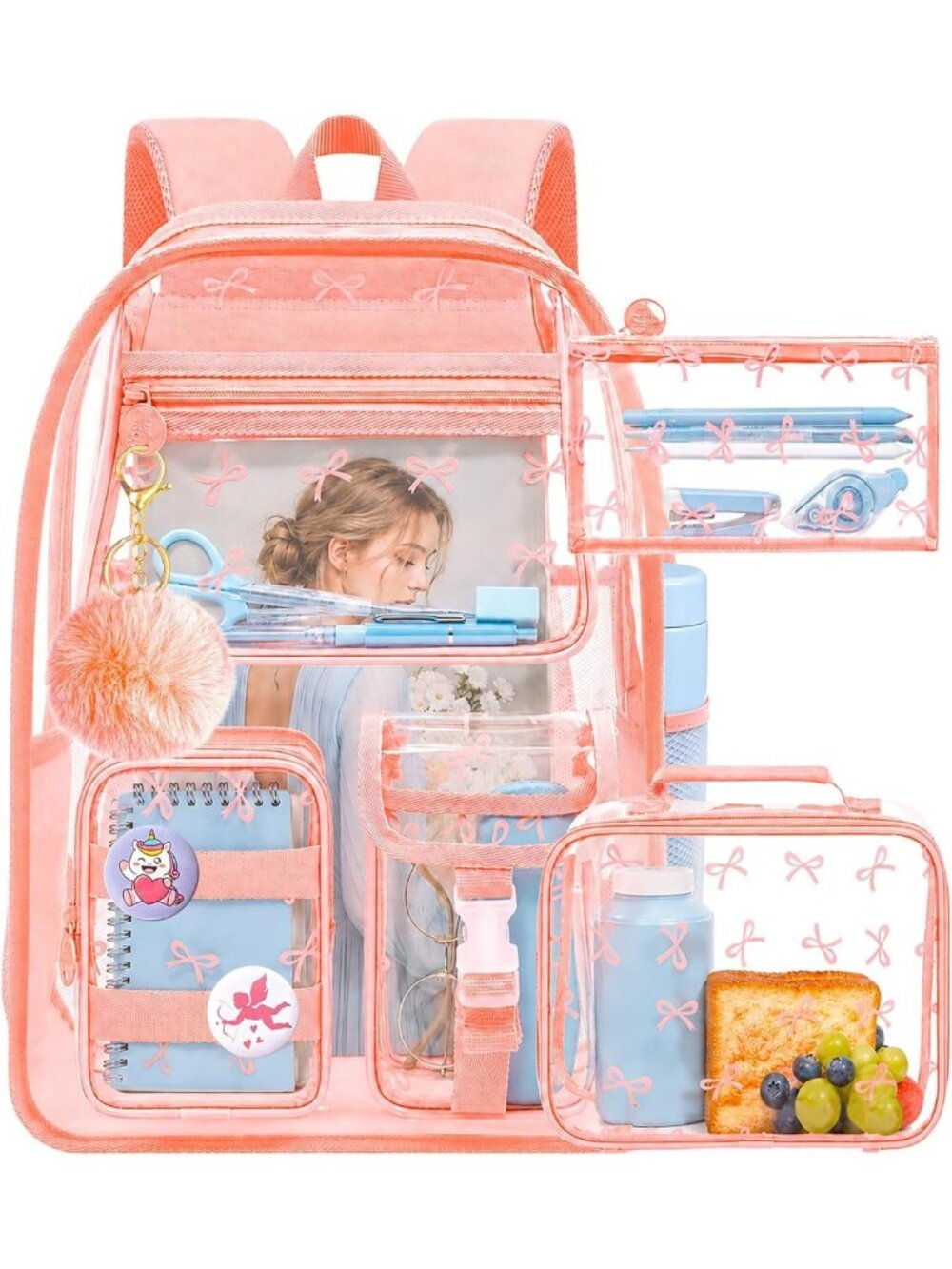 WZLVO Girls Transparent Backpack, 17" Women Heavy Duty PVC Clear Bookbag, Cute
